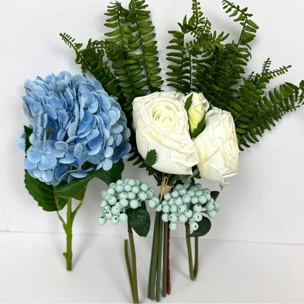 Artificial Flower Bouquet Blue Hydrangea White Roses Fern Leaves &  Berries NEW